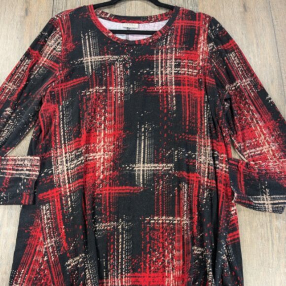 LOGO Lori Goldstein Tunic Top Womens Medium Red Plaid Lace Trim Flowy Holiday - Picture 1 of 9
